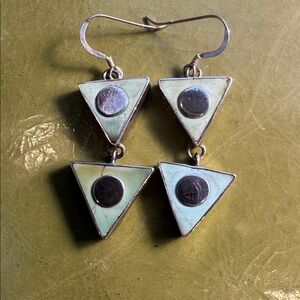 Green Turquoise and Sterling Silver vintage Earrings by Sandy Baker 2” x 5/8”